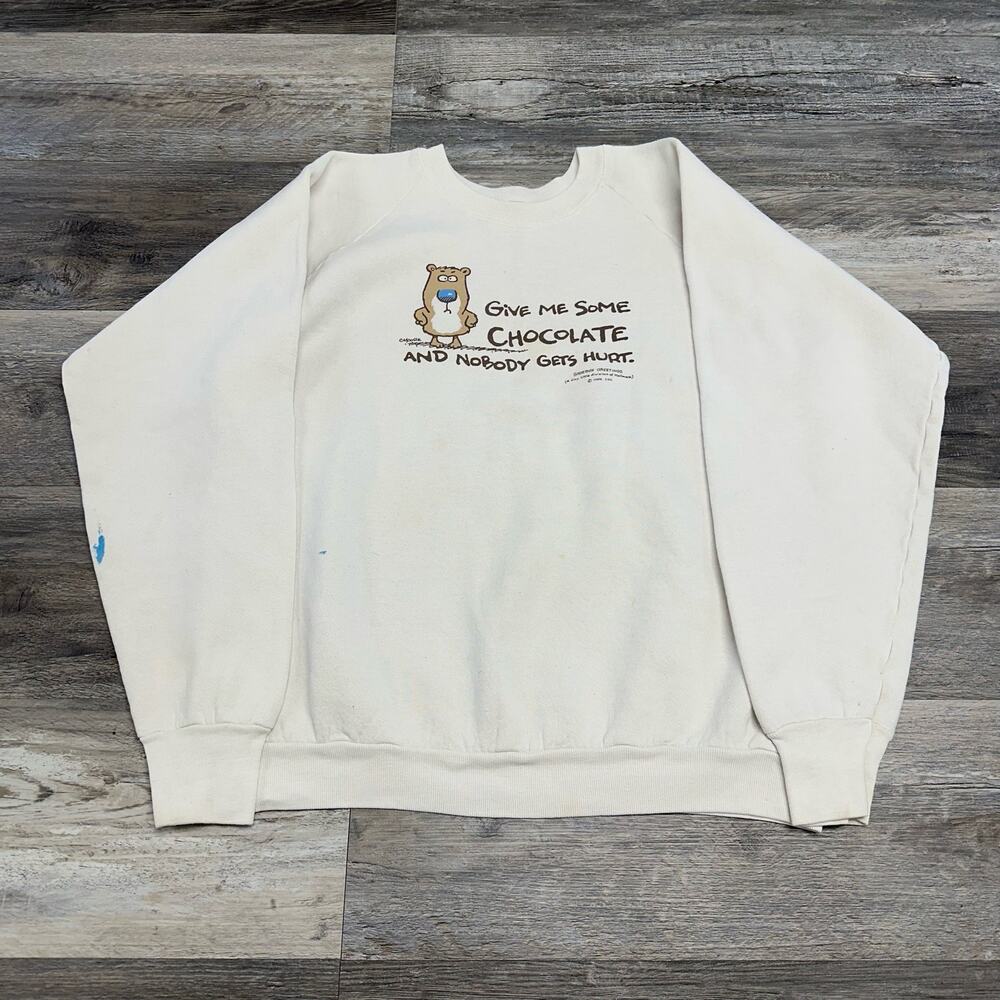 Vintage White L Cartoon Chocolate Shoebox Greetings Hallmark Sweatshirt 90s - Picture 3 of 8